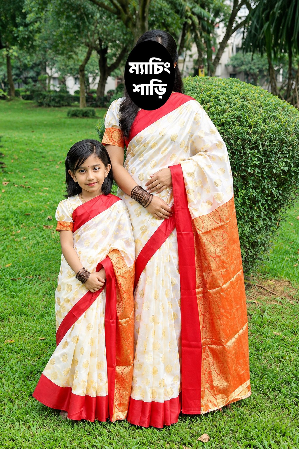 মা-মেয়ে কম্বো ( গোল্ডেন লাল কাতান শাড়ি ) (BDB - c01)